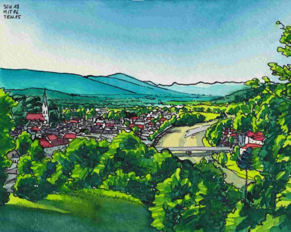 Mit rainerdesigner und artistravel auf Malreise gehen. Eine Woche Abenteuer Reisetagebuch in Berchtesgaden, Schreiben und Zeichnen. Das Beispielbild zeigt Bad Toelz im Isartal.
