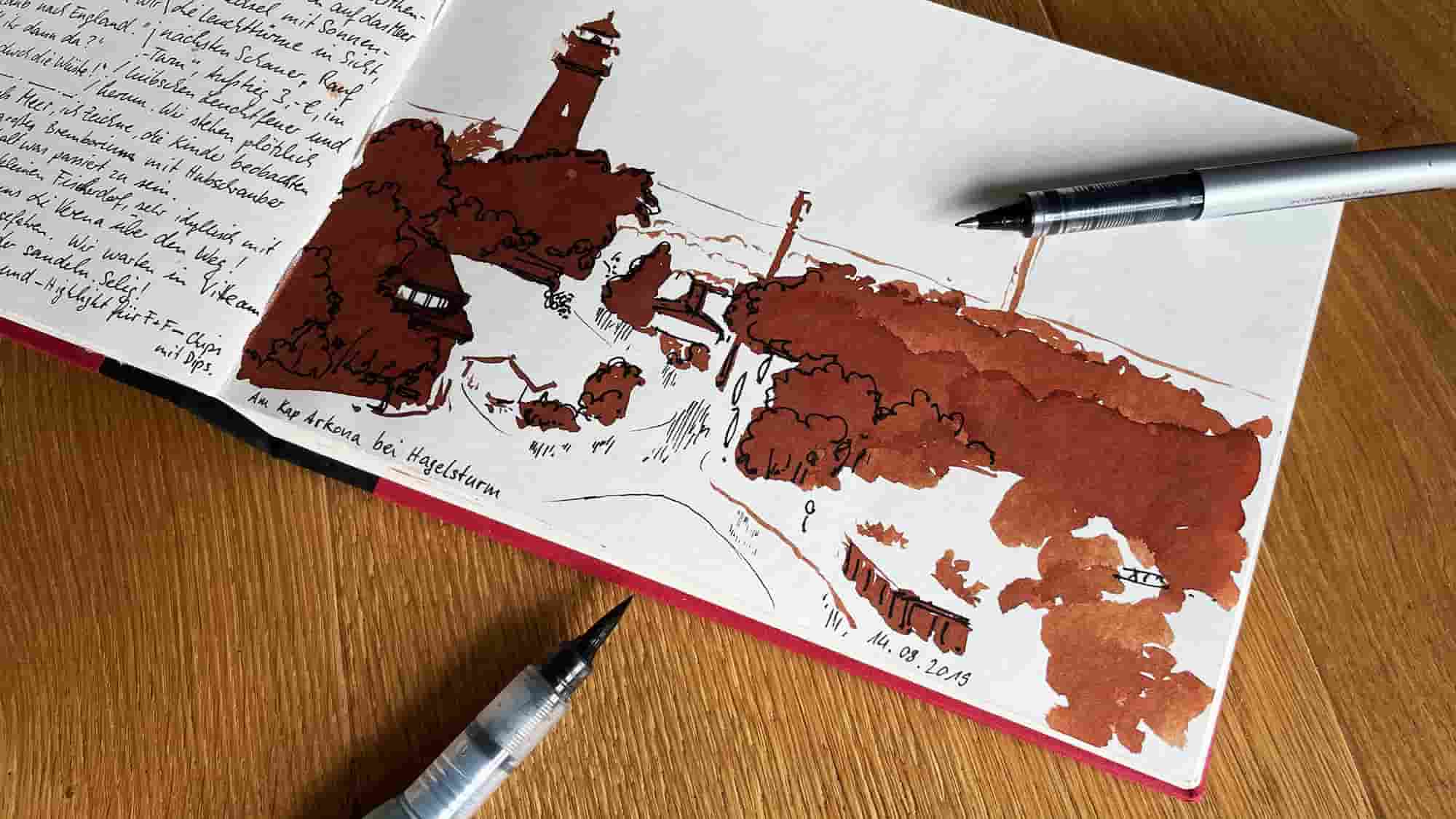Mit rainerdesigner und artistravel auf Malreise gehen. Eine Woche Abenteuer Reisetagebuch auf Hiddensee in der Ostsee, Schreiben und Zeichnen. Das Beispielbild zeigt Kap Arkona auf Rügen.