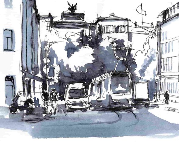 Mit rainerdesigner und artistravel auf Malreise gehen. Eine Woche Abenteuer Reisetagebuch in Wien, Schreiben und Zeichnen. Das Beispielbild zeigt eine Straßenszene in Muenchen.