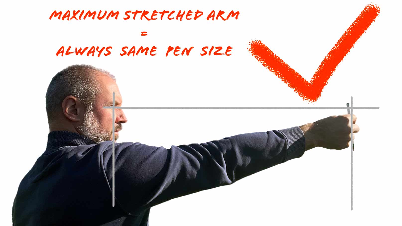 Wenn Künstler mit dem Stift abmessen halten sie ihren Arm maximal ausgestreckt vor den Körper.